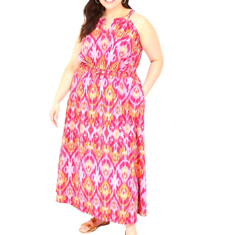 Lane Bryant Pink Ikat Orange Maxi Dress Split Neck Tie Waist Sleeveless Boho‎ 24